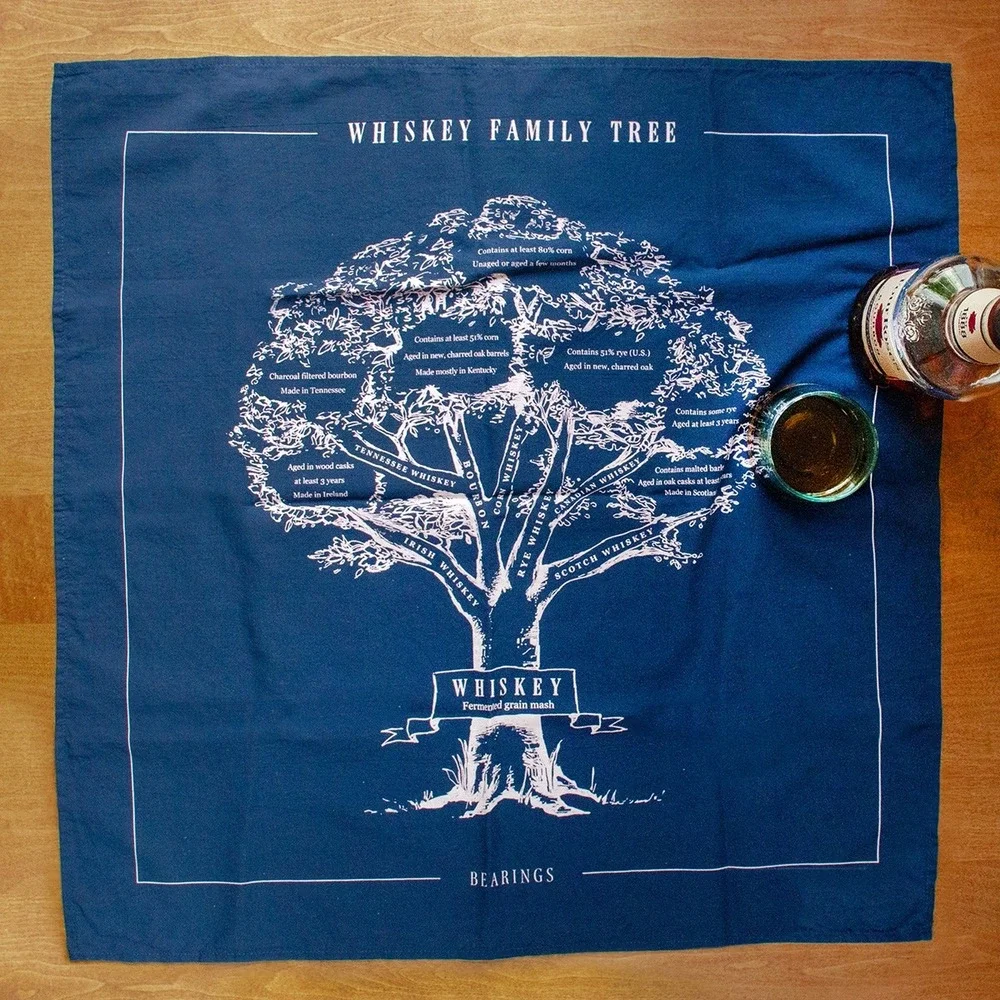 Whiskey Family Tree Bandana OS Blue Cotton Infographic Bourbon Decor Bearings